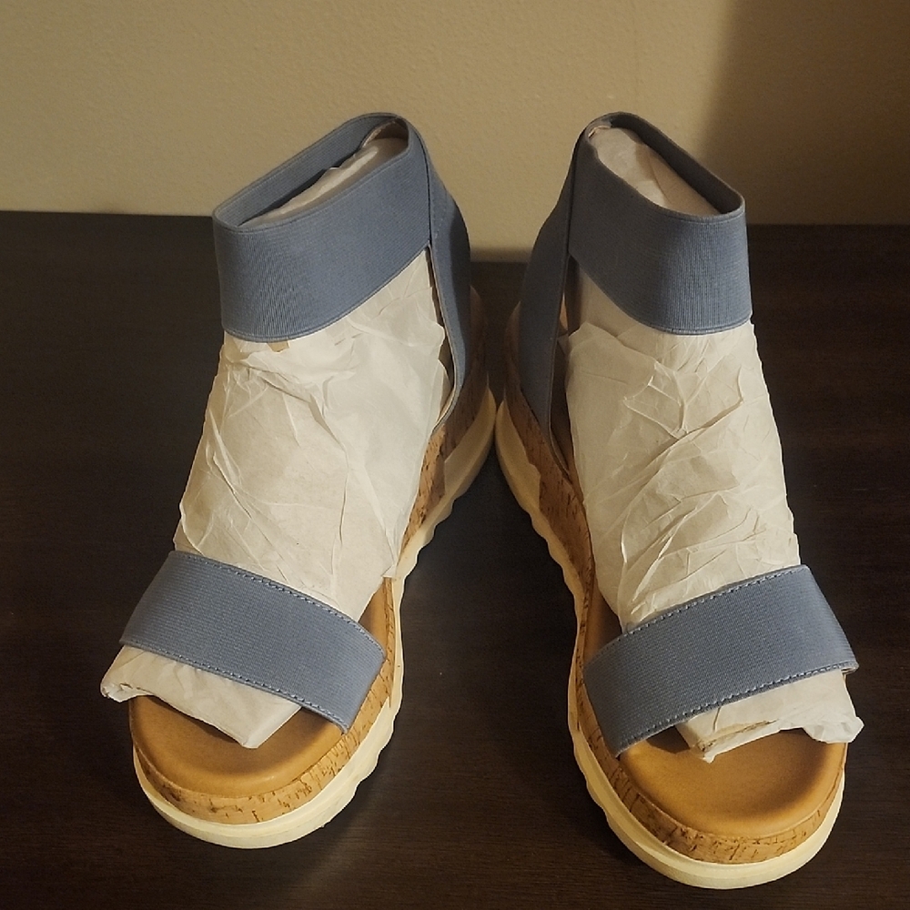 Steve Madden Light Blue Elastic Strap Cork Wedge Sandals